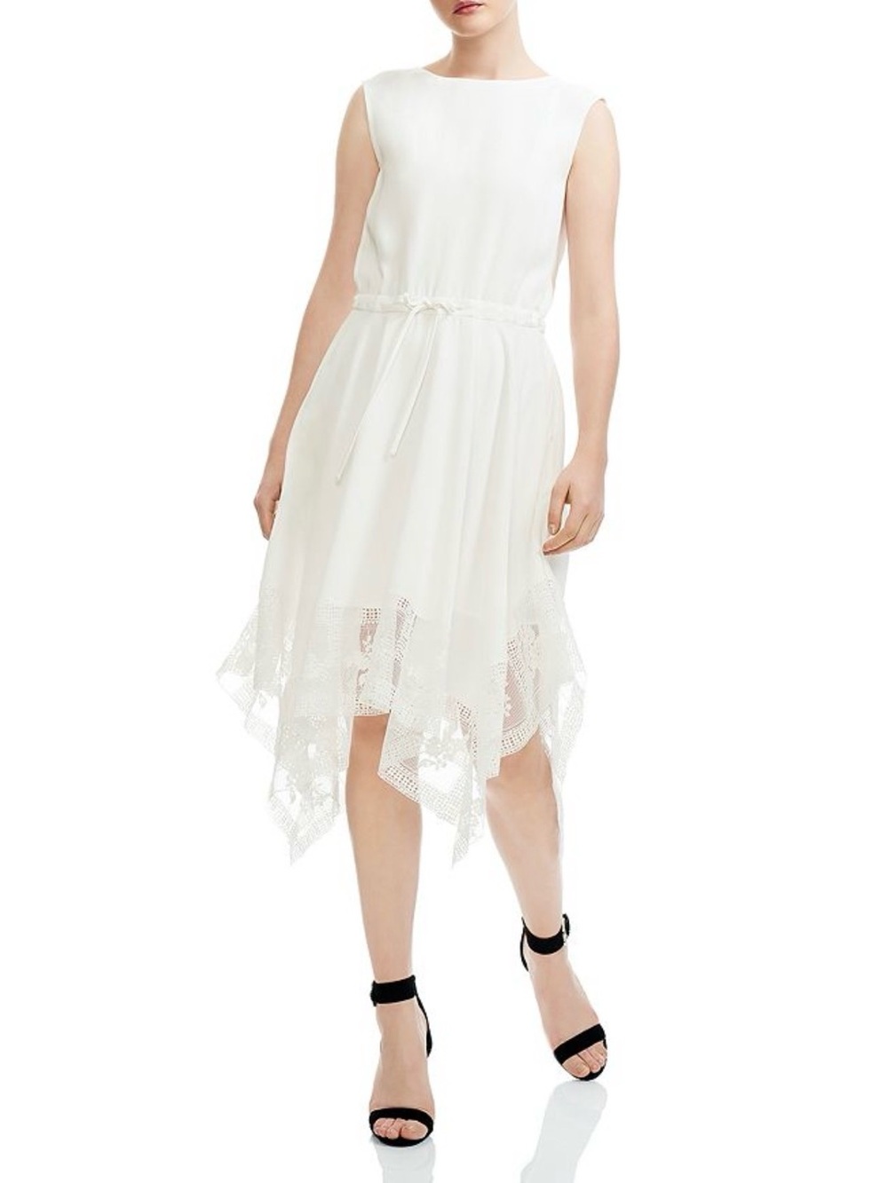 Maje White Lace Trim Handkerchief Hem Midi Dress Size 2 US 6 Sleeveless Wrap